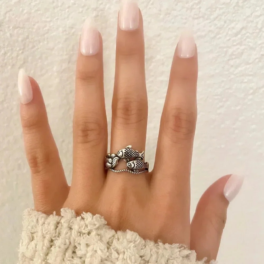 925 Sterling Silver Fish Ring School of Fish Ring Dainty Adjustable Ring - Picture 3 of 10